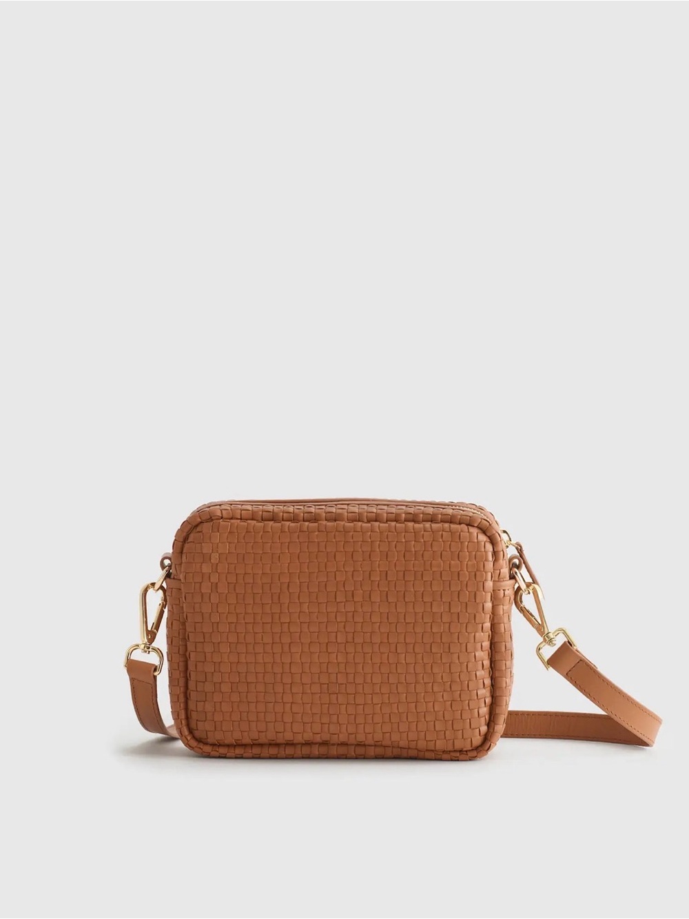 Quince Woven Crossbody Bag in Cognac Brown with Gold Hardware